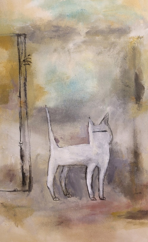 田野系列－圍牆下的貓, 唐重, 53 x 33 cm, 水墨，壓克力，炭筆, 2017
