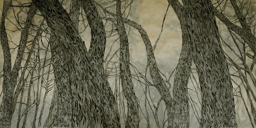 月光森林系列-- 日月相交, 洪慧, 水墨設色泥金宣紙, 80 x 165 cm,2017