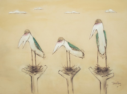 三隻鳥兒，唐重，國畫顏料，布本，53.5 x 72.5 cm，2015
