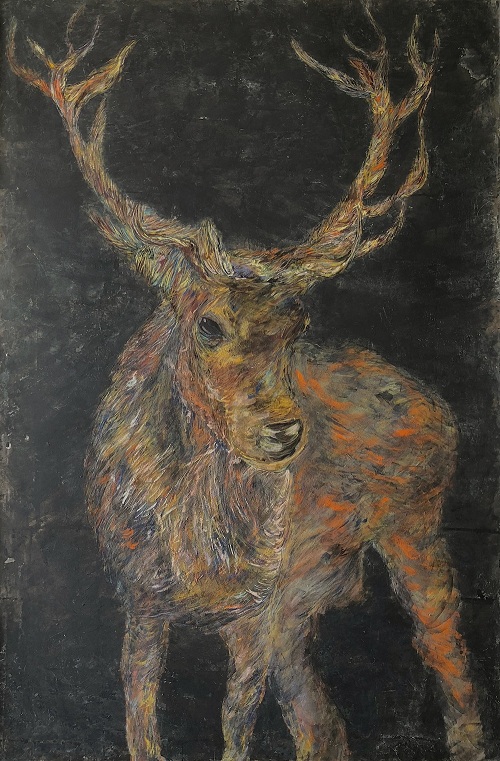 Deer, 楊文軒, 145.5 x 97 cm, 銀箔、礦物顏料、紙本, 2017