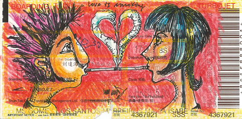 愛便是抽煙  馬若龍 14.2 x 7 cm  木顏色筆、水墨於用過的噴射船票上 2010