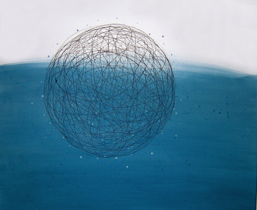 飄着飄着，吳麗嫦，80 X 97 cm，油畫、墨水，2015