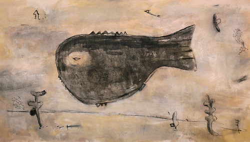哨牙的魚, 唐重, 40 x 70 cm, 水墨，壓克力，炭筆, 2017