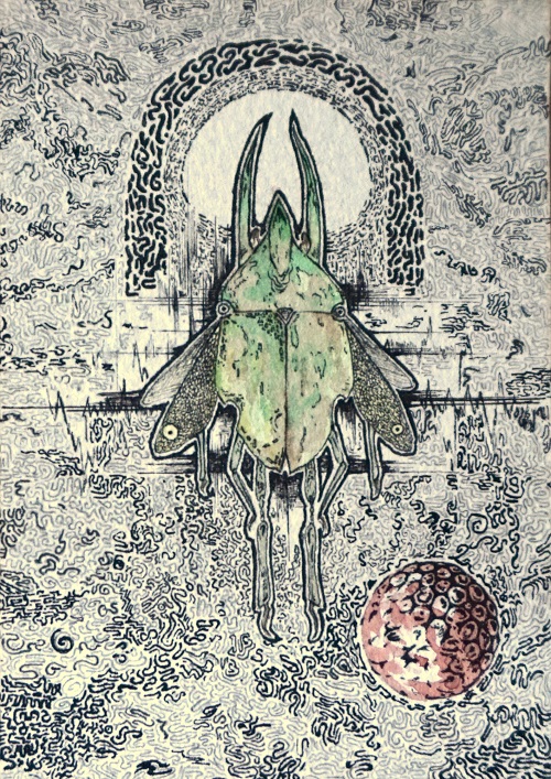 甲蟲，陳嘉樂，水彩、代針筆、鉛筆，10 x 7 cm，2015