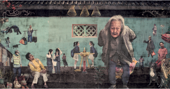 澳門人，蔣靜華，80 x 42 cm，數碼設色紙本拼貼銅版蝕刻法， 2015