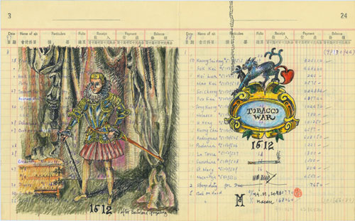 煙草戰1612 馬若龍  33.2 x 20.5 cm 木顏色筆、水墨於用過的會計簿紙上  2010