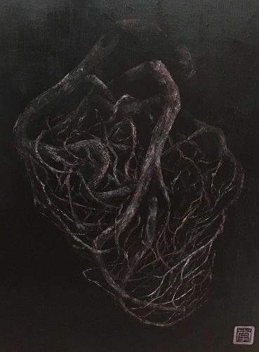 樹─人系列：血管（心1），李安怡，35 x 27 cm，布本油畫，2016
