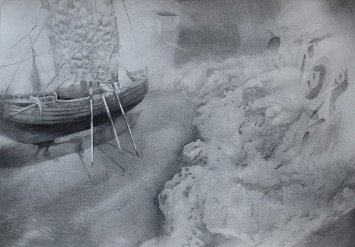 親水，蔡國傑，26.5 x 37.5 cm，石墨、碳、水彩，紙本，2016